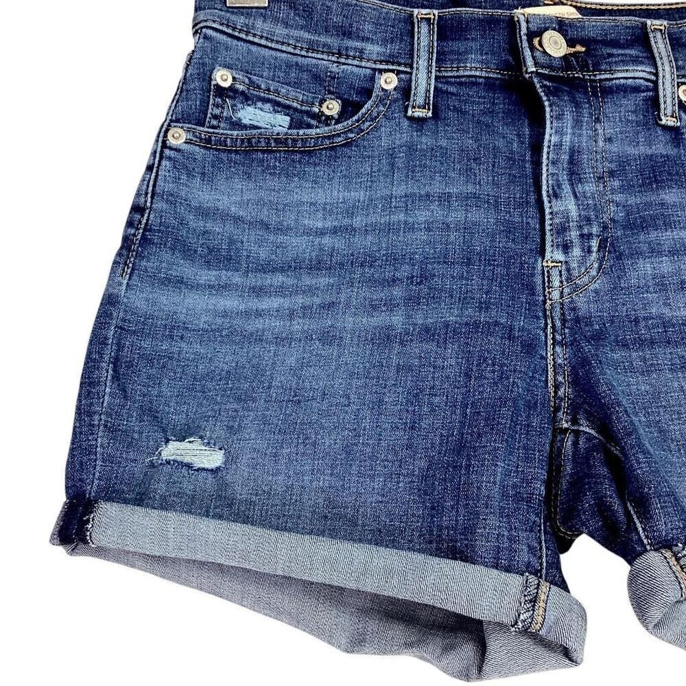 Levis Denim Shorts Womens 29 Blue Mid Length Rolled Cuff Stretch Distressed - Picture 2 of 9